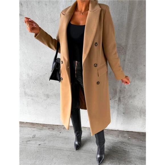 Womens Long Wool Coat Double Breasted Trench Coat Khaki - Picture 3 of 4